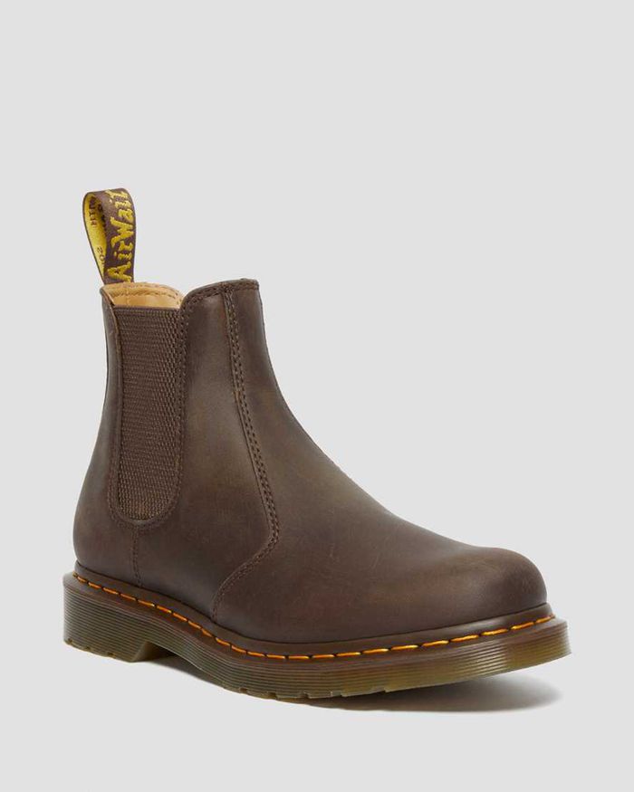 Dr Martens Mens 2976 Yellow Stitch Crazy Horse Leather Chelsea Boots Brown - 48132OFUX